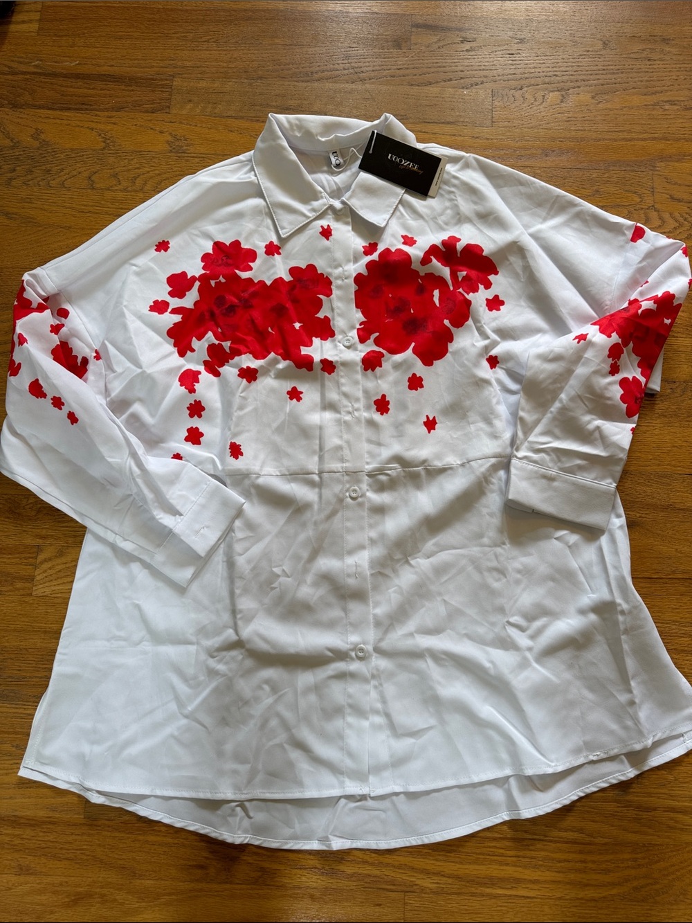 White Button-Front Blouse with Red Floral Print